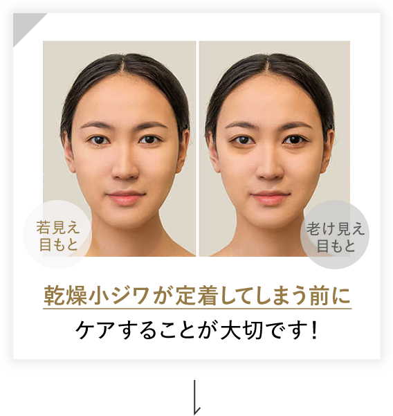 若見えめもと　老け見え目もと　乾燥小ジワが定着してしまう前にケアすることが大切です！