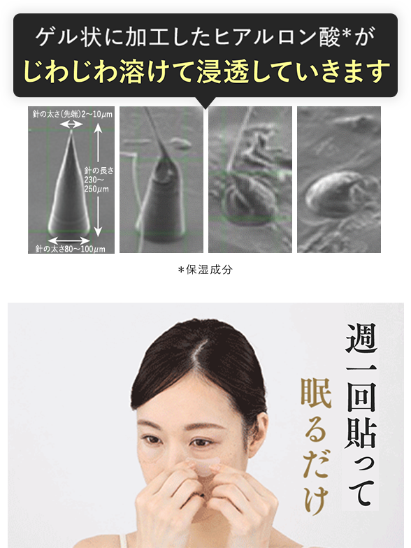 ゲル状に加工したヒアルロン酸がじわじわ溶けて浸透していきます ※保湿成分 週一回貼って眠るだけ